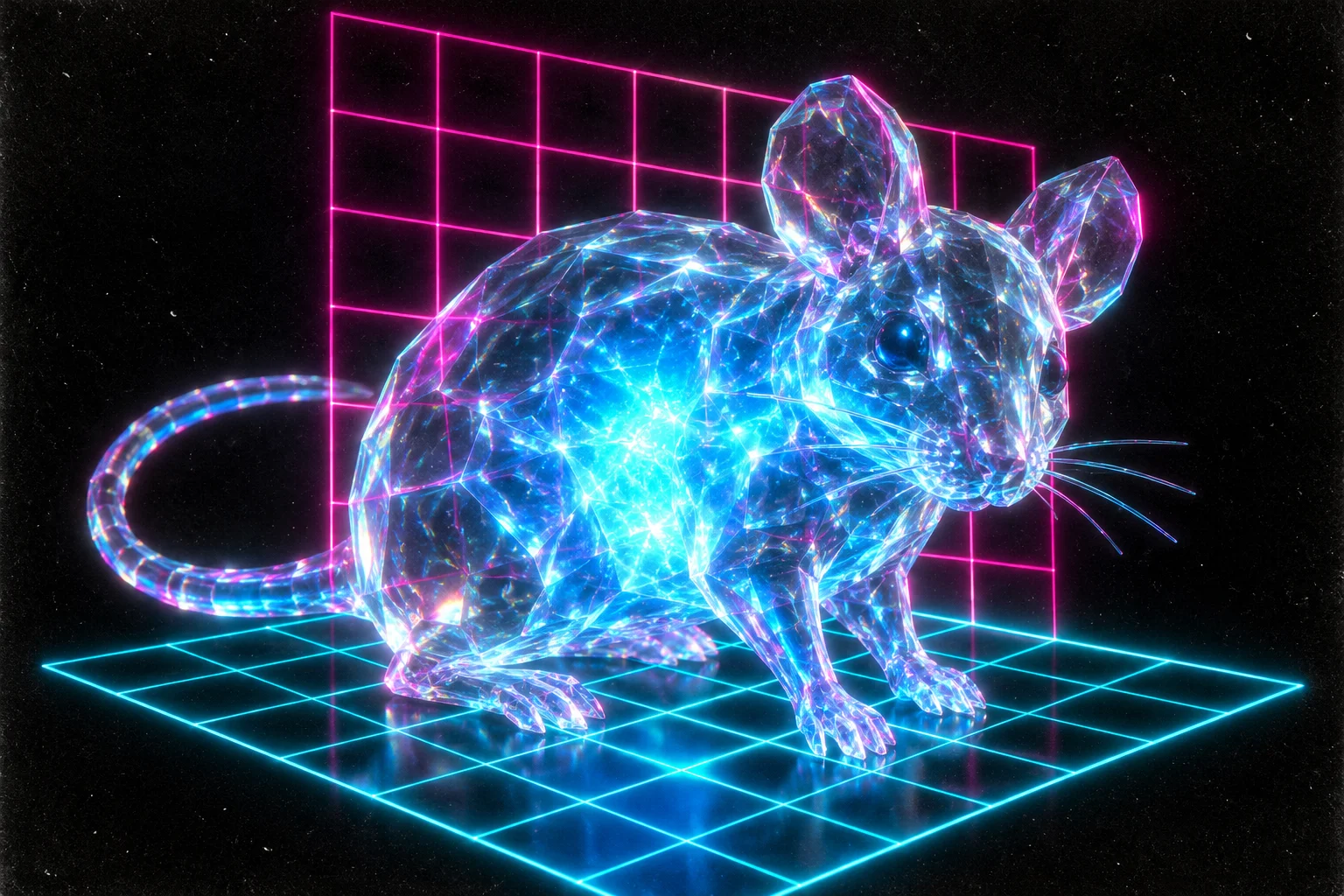 Exhibit: a glass laboratory mouse between two neon grid planes.